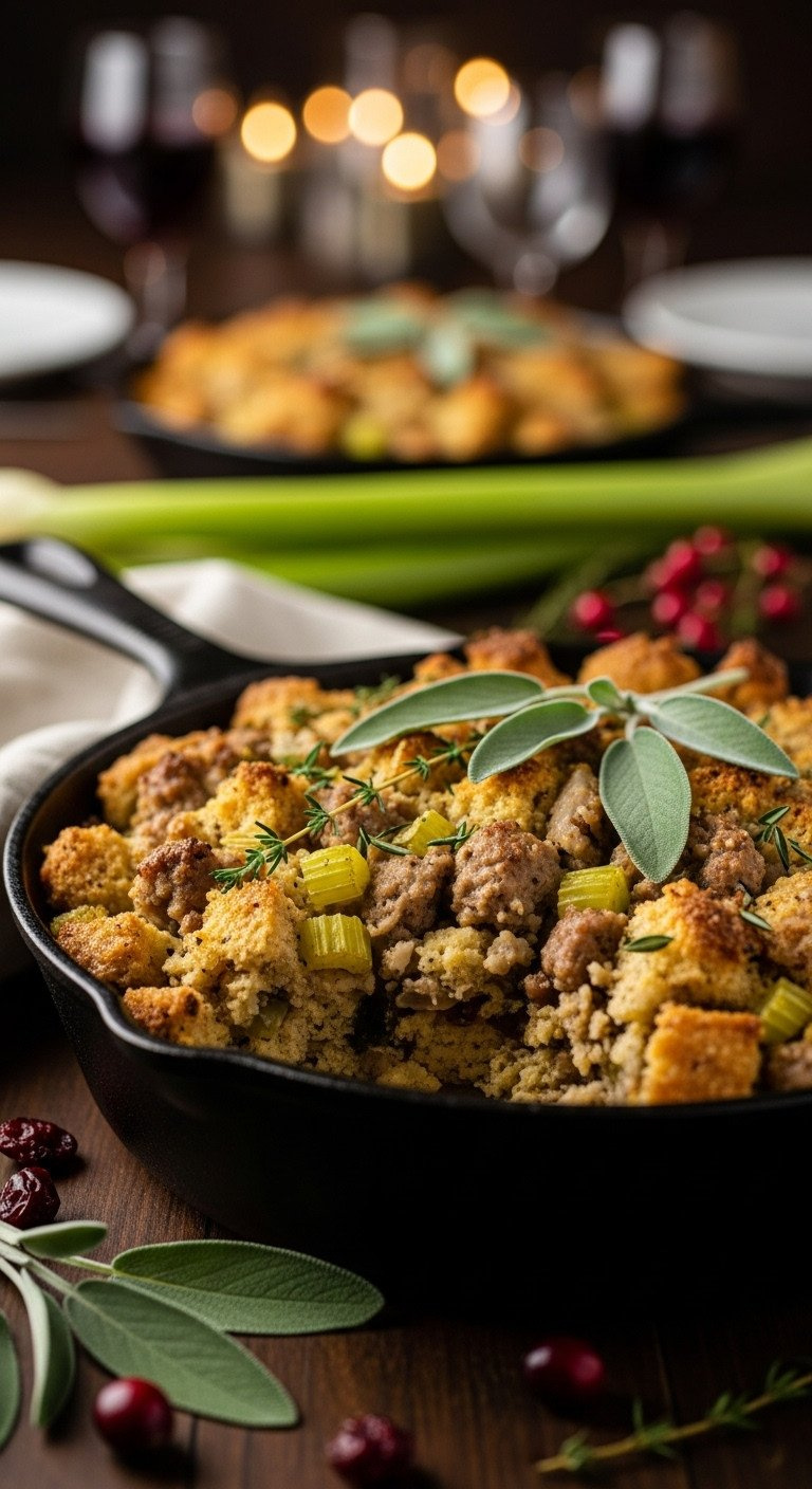 Rustic Keto Stuffing With Golden-Brown Crust, Sausage, And Herbs In A Cast Iron Skillet On Dark Wood, Garnished With Sage.