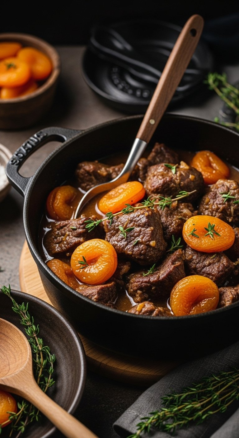 Rustic Lamb And Apricot Stew Simmering In A Cast-Iron Pot With Tender Meat And Plump Dried Fruits.