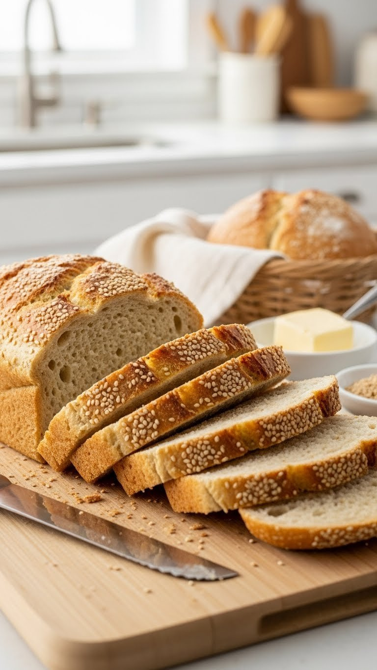 Rustic Loaf Of Trim Healthy Mama Blender Bread Sliced To Reveal Soft Airy Texture On Wooden Cutting Board With Bread Knife