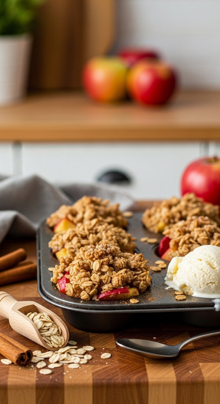 Rustic Muffin Tin Apple Crisps With Golden Oat Topping, Cinnamon, And Melting Ice Cream On A Butcher Block. Golden Light.