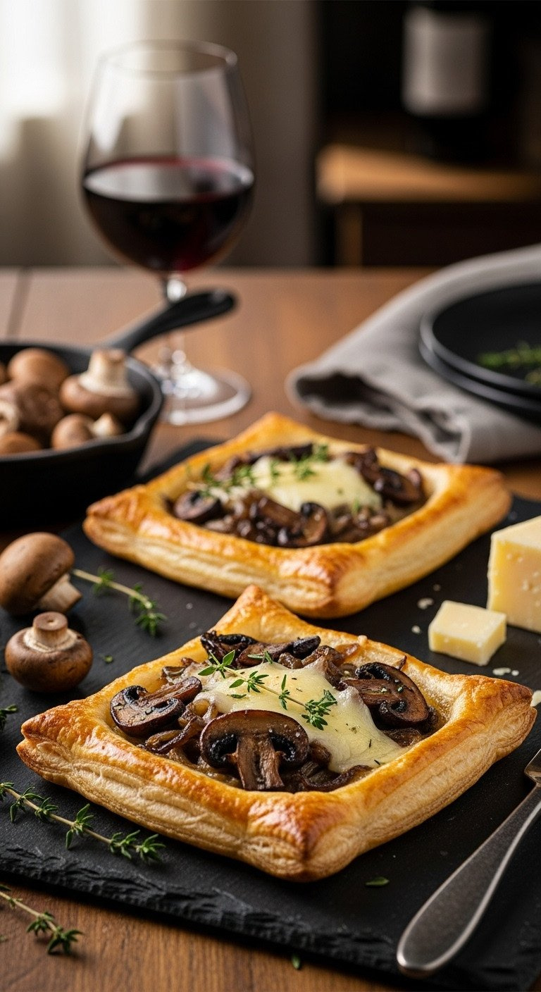 Rustic Mushroom &Amp; Gruyère Puff Pastry Tart With Caramelized Onions &Amp; Thyme On Slate. Warm Savory Recipe.