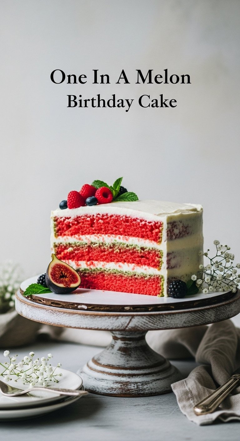 Rustic Naked Watermelon Sheet Cake With Lightly Frosted Red And Green Layers On A Wooden Stand.