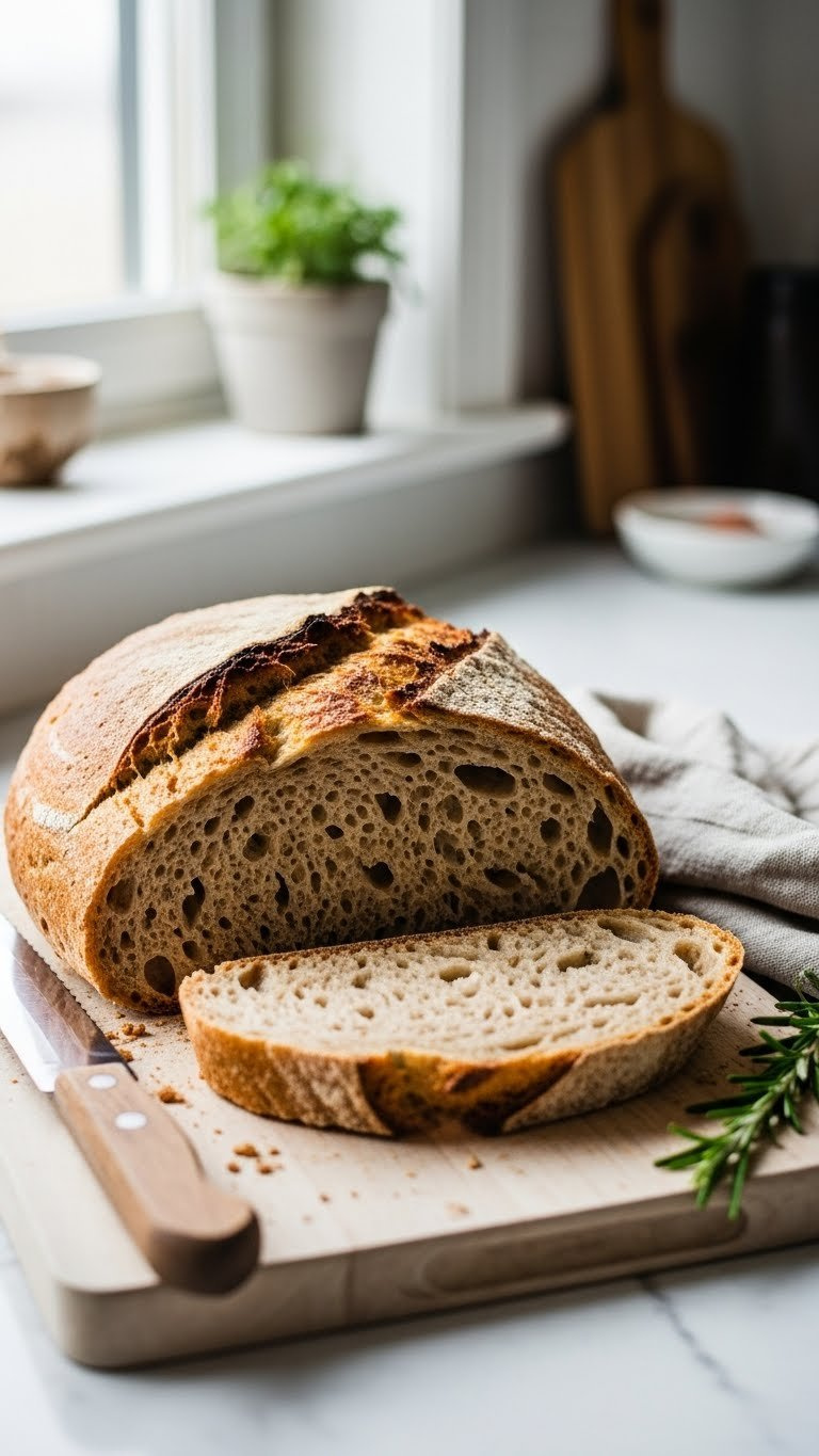 Rustic No-Knead Whole Wheat Artisan Bread With Golden-Brown Crust And Airy Crumb On Wooden Cutting Board With Rosemary Sprig.
