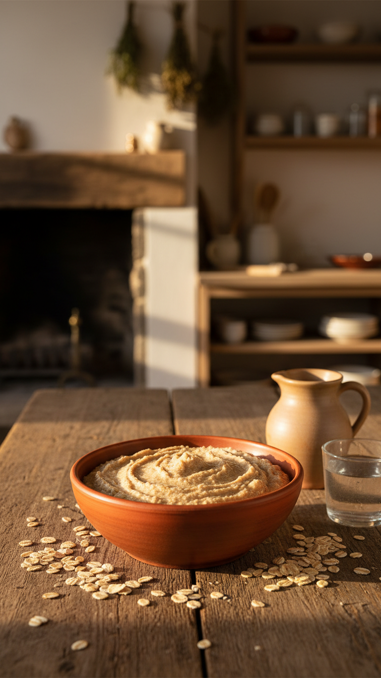Rustic Oatmeal Baking Soda Paste In Ceramic Bowl On Wooden Table With Scattered Oats