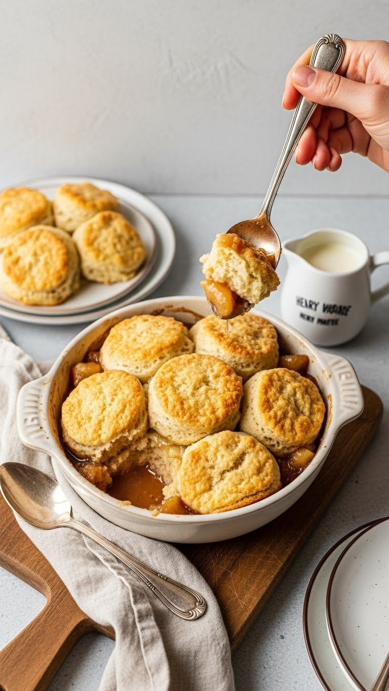 Rustic Old-Fashioned Apple Cobbler With Bubbling Apple Filling, Golden Brown Biscuits, And A Spoonful Being Lifted.