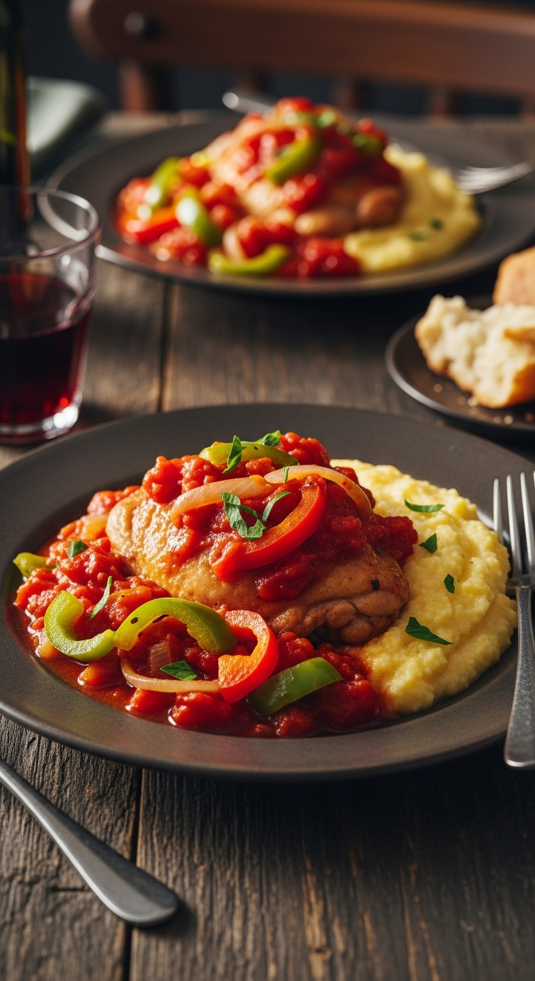 Rustic Plate With Hearty Slow Cooker Chicken Cacciatore Tender Chicken Thigh Chunky Tomato Sauce Bell Pepper Onion And Polenta