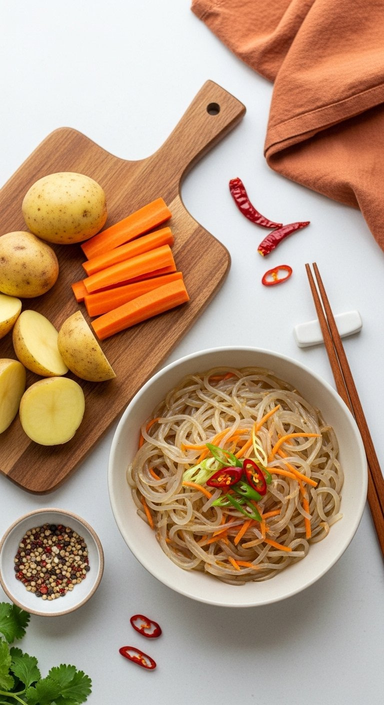 Rustic Potato And Carrot Chunks Alongside A Bowl Of Soaked Sweet Potato Glass Noodles On A Cutting Board.