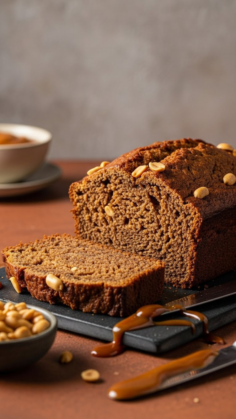 Rustic Quick Bread Slice With Dark Caramelized Crust, Warm Brown Interior From Roasted Nut Butter On Slate Board.