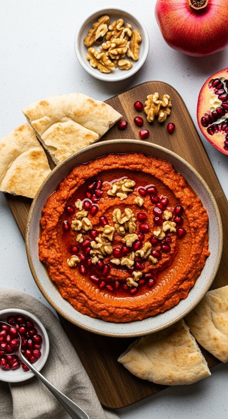 Rustic Red Pepper And Walnut Muhammara Dip Drizzled With Pomegranate Molasses And Served With Warm Pita Bread.