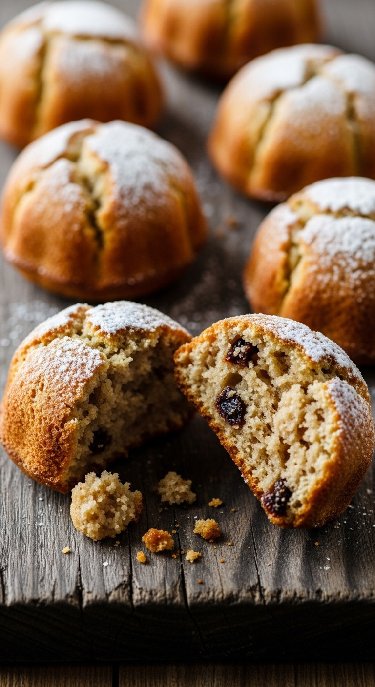 Rustic Round Soul Cakes, Subtly Spiced, On A Wooden Board, Ideal For Autumn Or Halloween Festivities.