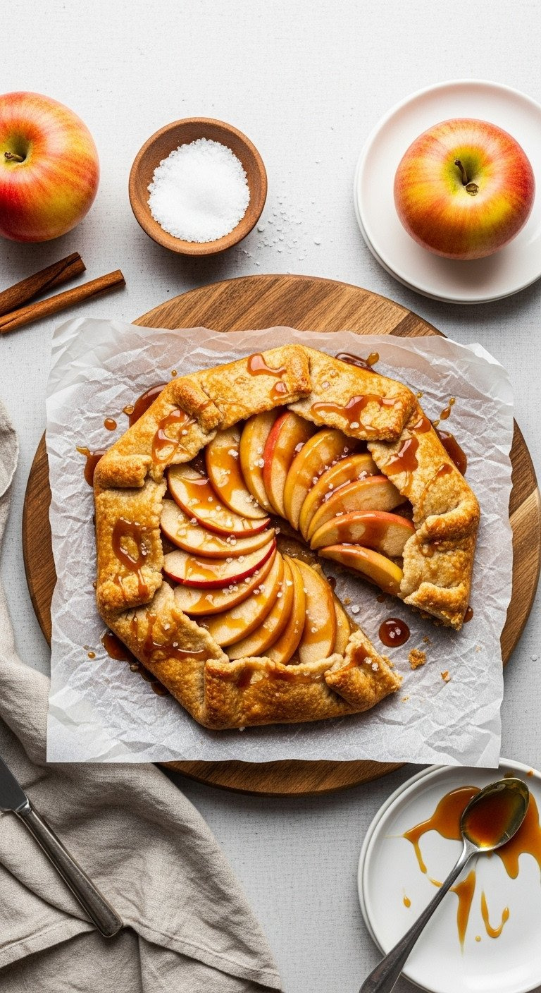 Rustic Salted Caramel Apple Galette On Wood Board, Golden Crust Folded Over Fanned Apples, Glistening Caramel Drizzle.