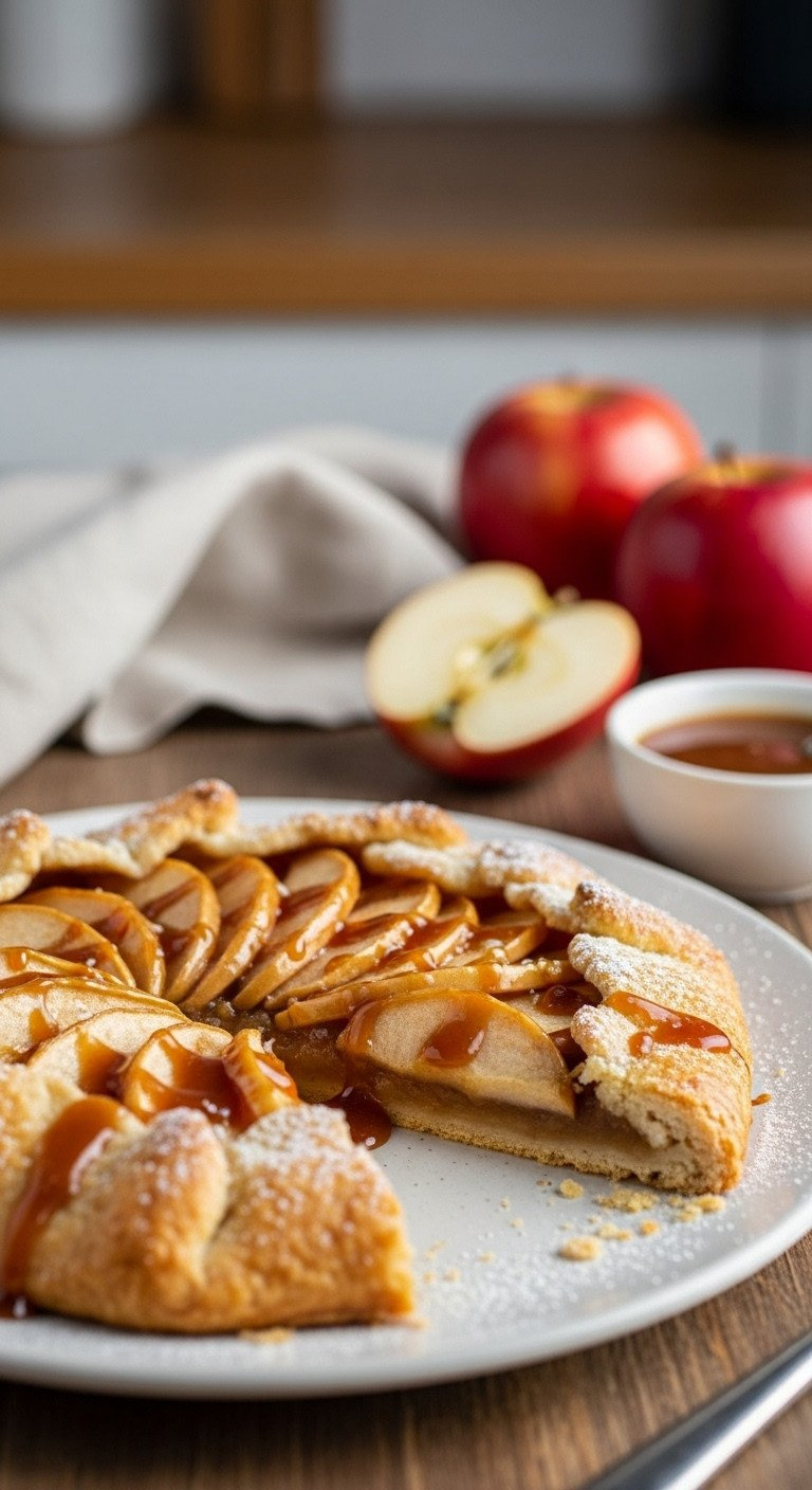 Rustic Salted Caramel Apple Galette With Flaky Crust, Caramelized Apples, And Powdered Sugar On A Wooden Table.