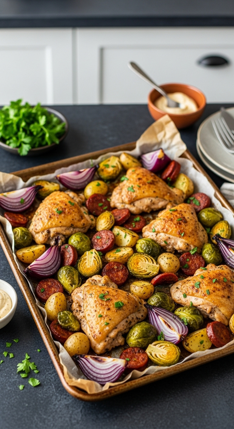 Rustic Sheet Pan Meal With Roasted Chicken Chorizo Brussels Sprouts Potatoes And Red Onion On A Dark Slate Countertop