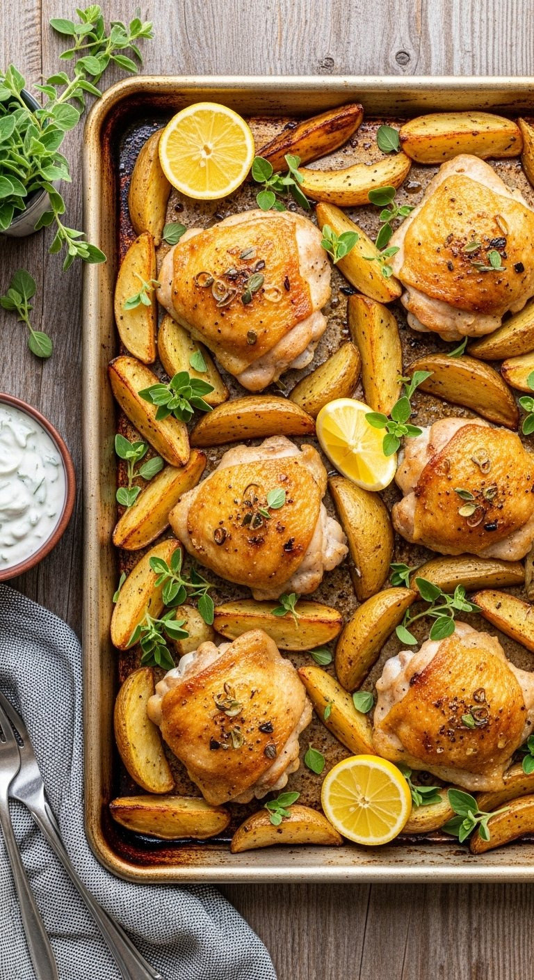Rustic Sheet Pan Of Greek Lemon Chicken Thighs And Roasted Potatoes With Oregano.