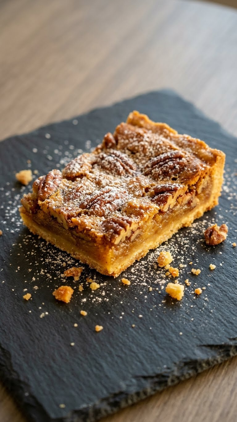 Rustic Slice Of Brown-Butter Pecan Bars On Slate, Featuring Amber-Gold Crust, Caramelized Pecans, And Powdered Sugar Dusting.
