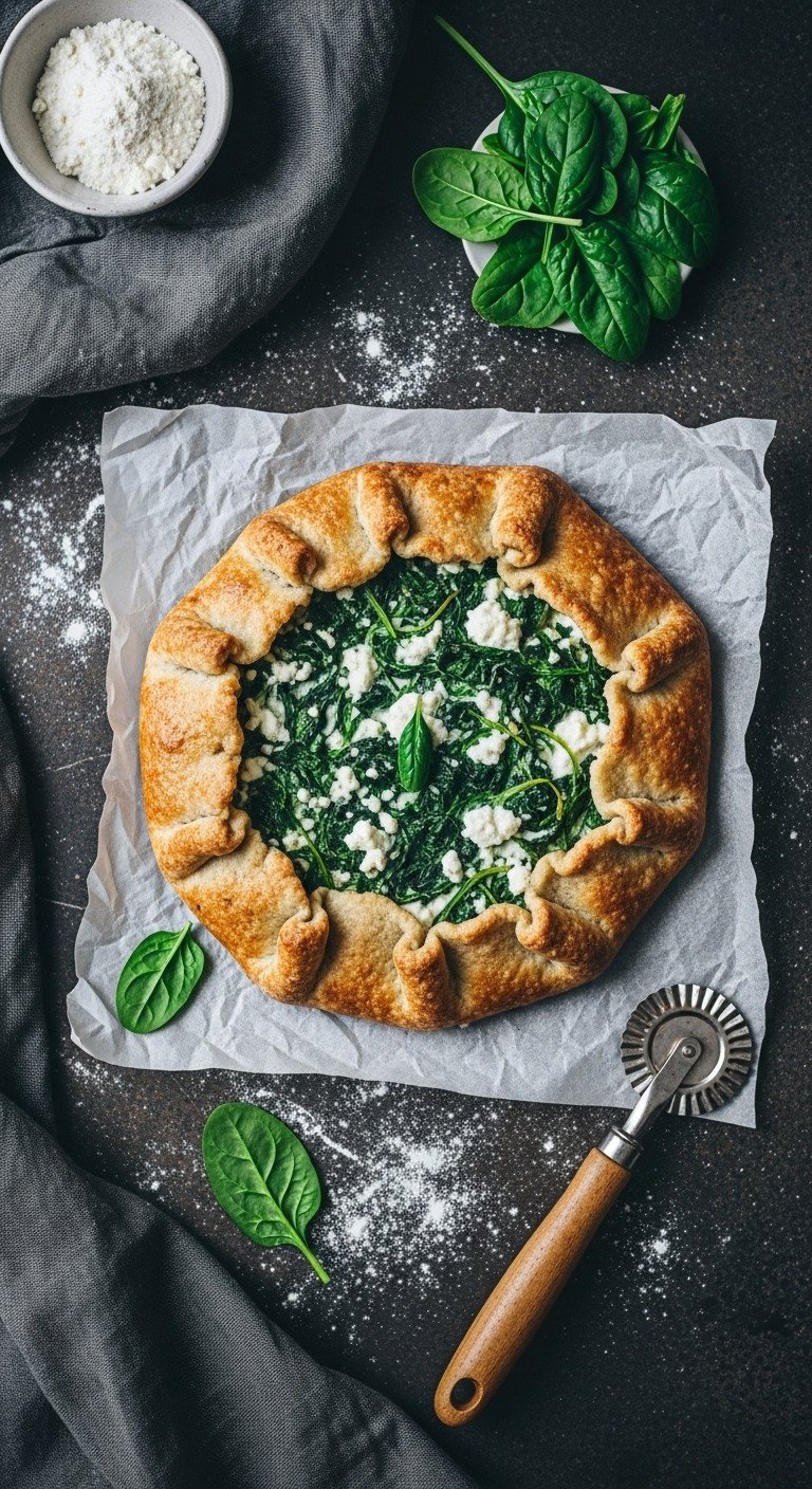 Rustic Spinach Ricotta Galette, Golden-Brown Crust, Creamy Filling On Parchment, Flour, Fresh Spinach Leaves, Stone.