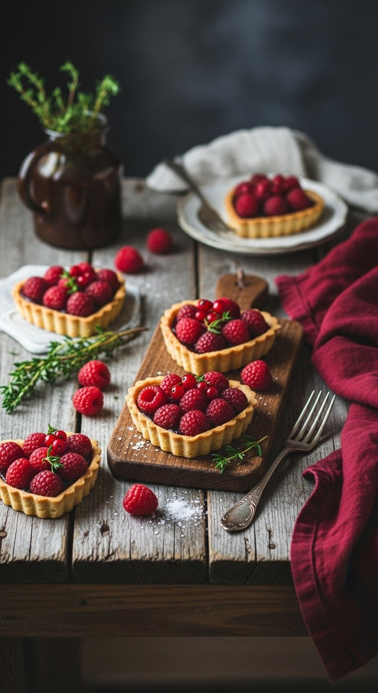 Rustic Still Life: Heart-Shaped Berry Tarts On Weathered Wood, Dark Red Berries, Vintage Fork. Elegant Valentine's Dessert.