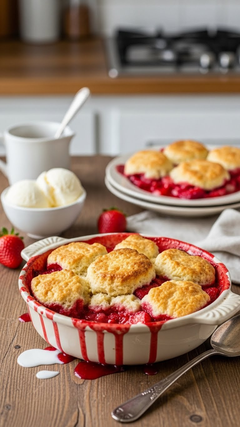 Rustic Strawberry Cobbler Bubbling With Hot Gooey Berries Under Golden Biscuit Topping In Ceramic Dish