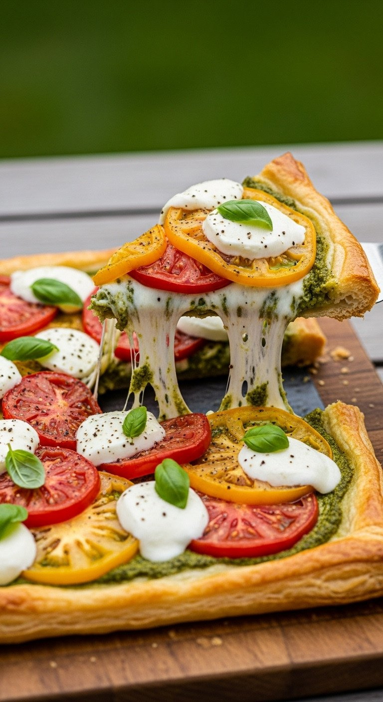 Rustic Tomato &Amp; Mozzarella Puff Pastry Tart Slice With Pesto &Amp; Basil. Summer Savory Recipe On Wood Board.