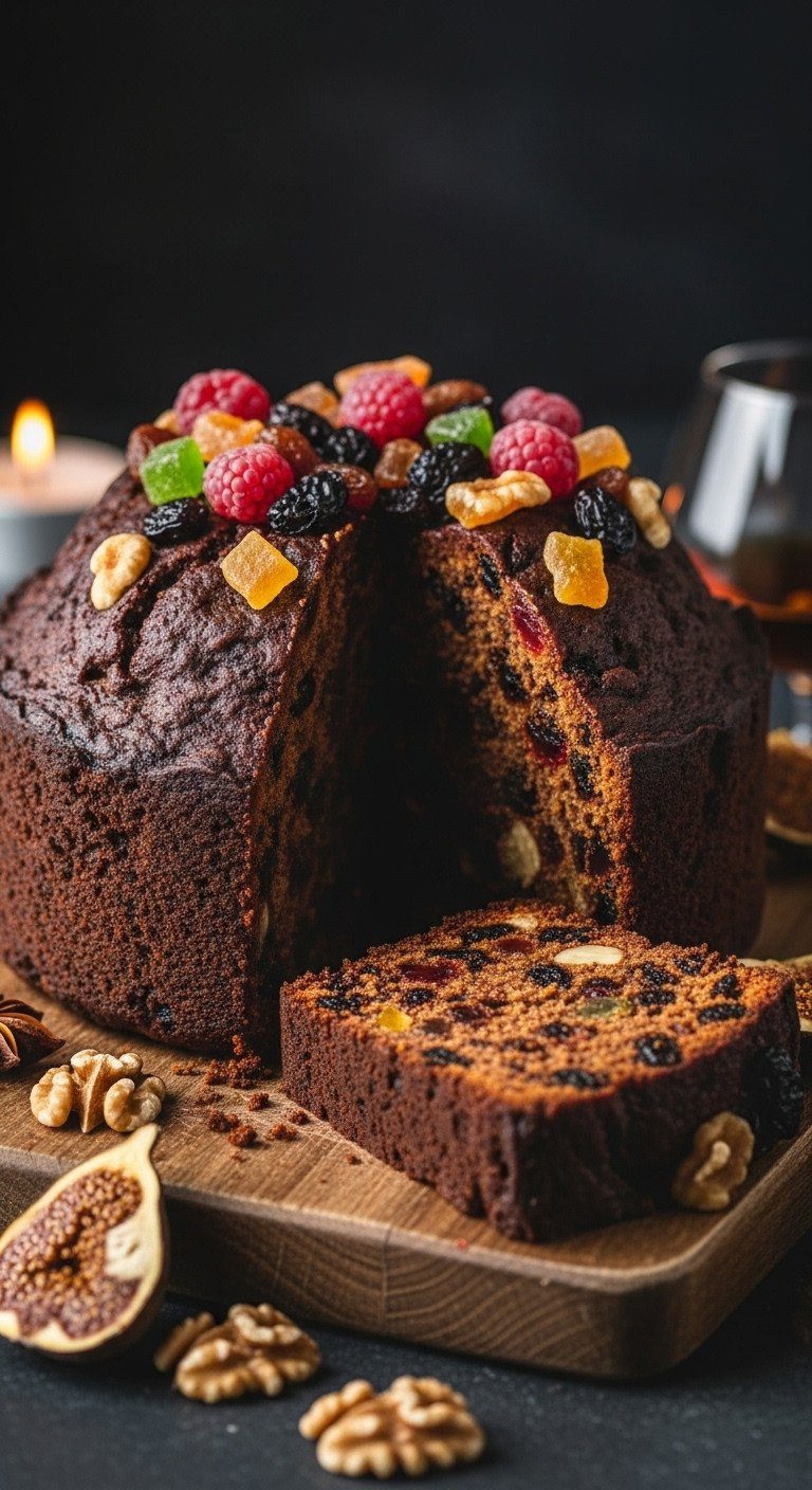 Rustic Vegan Christmas Fruitcake With Candied Fruit And Nuts On A Wooden Board, Showing The Dense Crumb With A Slice Cut.