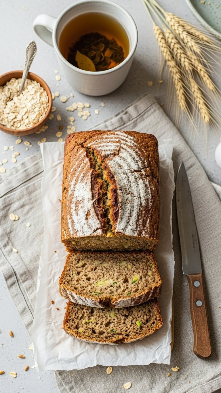 Rustic Whole Wheat Sourdough Zucchini Bread Slice With Dense Crumb On Linen Tablecloth With Herbal Tea