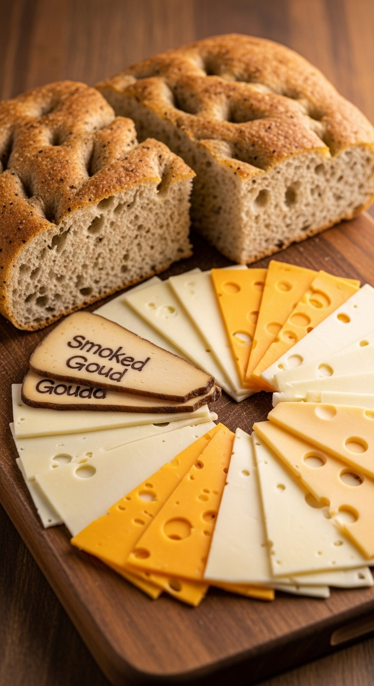 Rustic Wooden Board With A Loaf Of Black Pepper Focaccia And An Assortment Of Smoked Gouda, White Cheddar, And Swiss Cheese Slices Arranged Invitingly In Warm Deli-Style Lighting