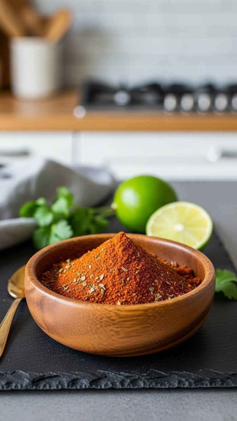 Rustic Wooden Bowl Filled With Vibrant Homemade Taco Seasoning Mix Featuring Chili Powder, Cumin, Paprika, And Oregano With Fresh Lime And Cilantro