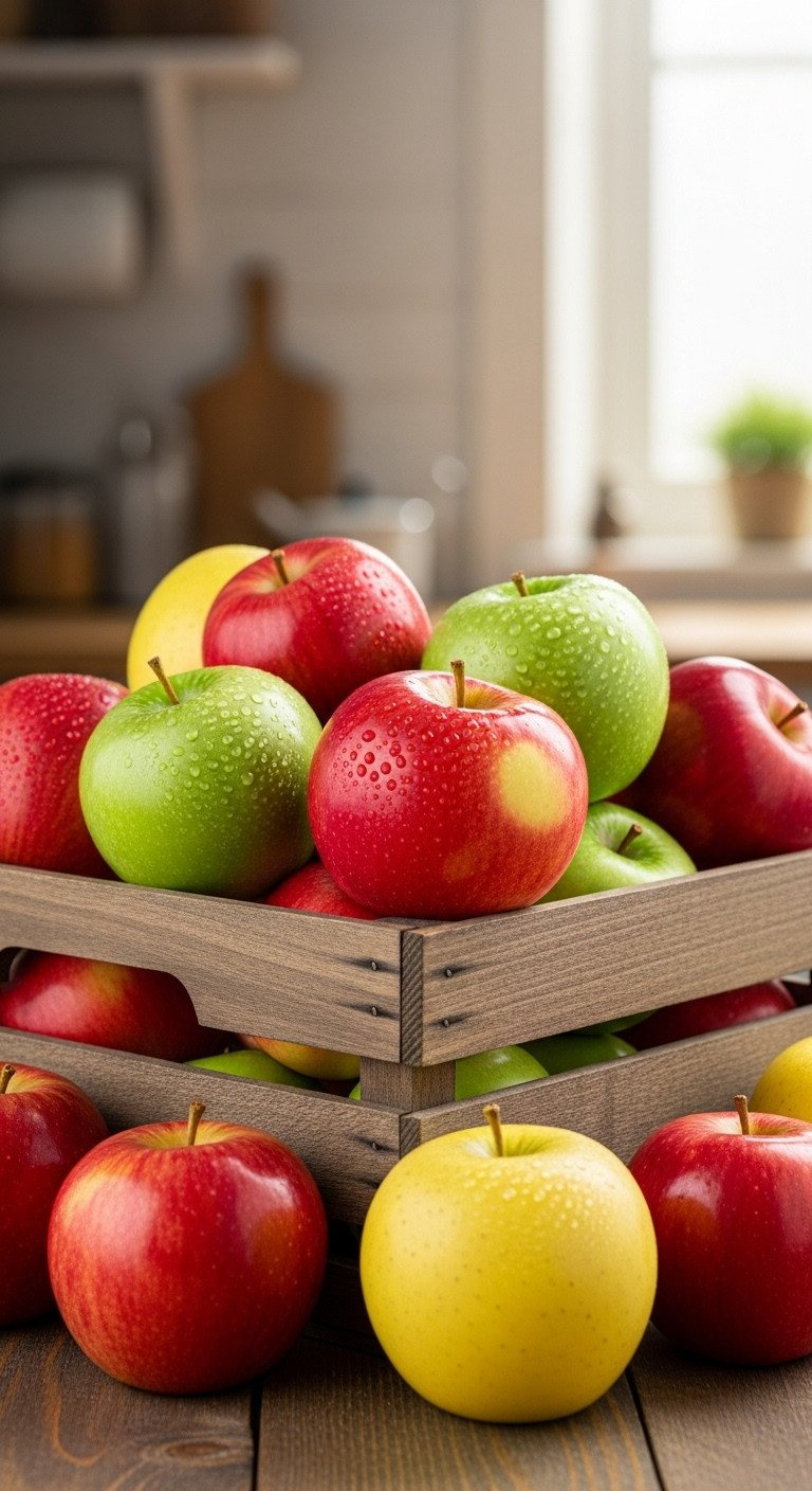 Rustic Wooden Crate Overflowing With Colorful Fresh Autumn Apples: Red Honeycrisp, Green Granny Smith, Yellow Gala, On A Wooden Table.