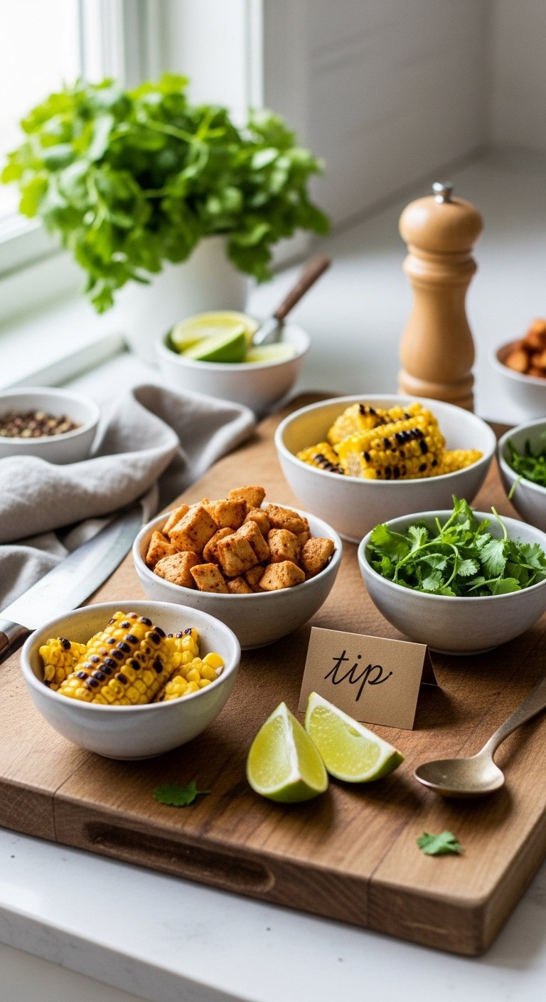 Rustic Wooden Cutting Board Featuring Prepared Street Corn Chicken Components Arranged In Small Bowls.