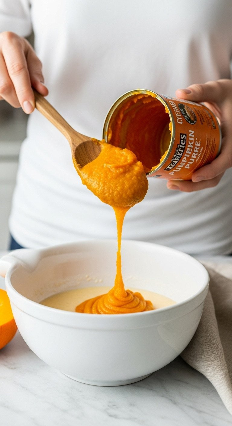 Rustic Wooden Spoon Scoops Vibrant Orange Pumpkin Purée From A Can Into White Batter In A Bowl On A Marble Countertop, Perfect For Baking.