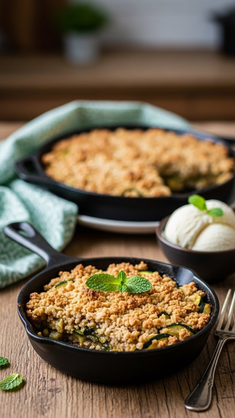 Rustic Zucchini Oatmeal Crisp In Cast-Iron Skillet With Bubbling Filling And Crunchy Oatmeal Topping