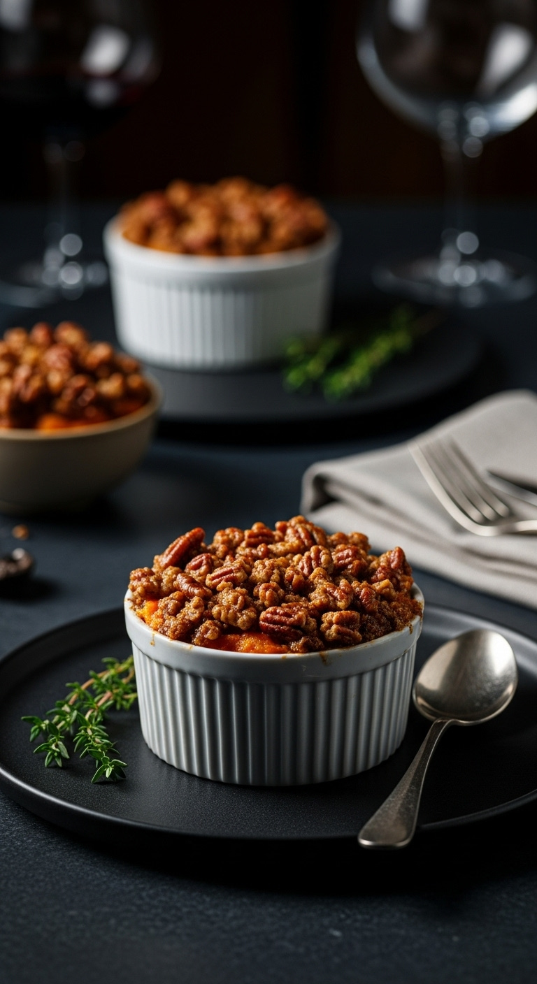 Ruths Chris Style Sweet Potato Casserole With A Praline Pecan Crust In A White Ramekin On A Dark Slate Plate