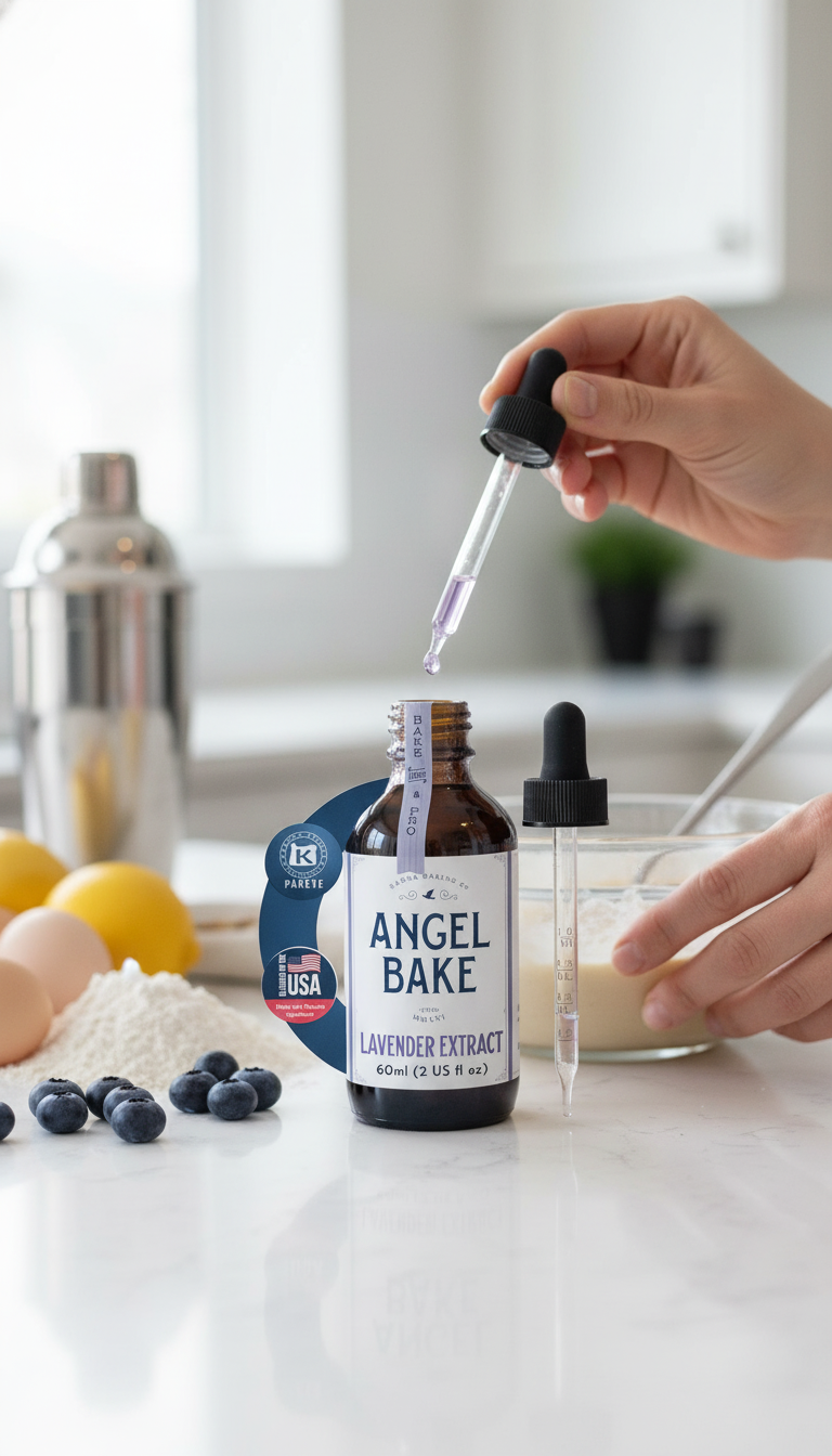A Bottle Of Saena Baking Co. Pure Bulgarian Lavender Extract Next To Lavender-Frosted Cupcakes And A Lavender Cocktail, Showcasing Its Versatility.