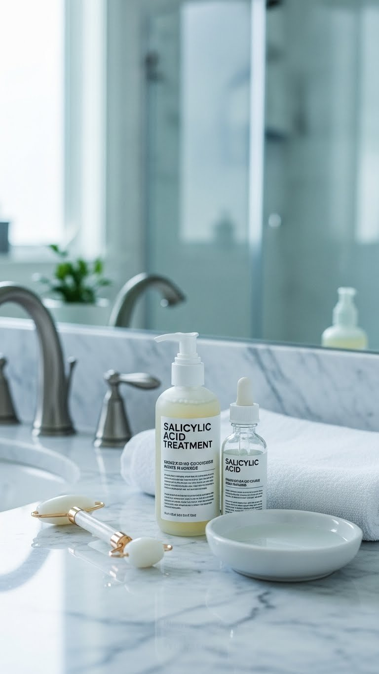 Salicylic Acid Cleanser Bottle On Marble Bathroom Counter With Face Towel And Water Dish For Acne Skincare Routine