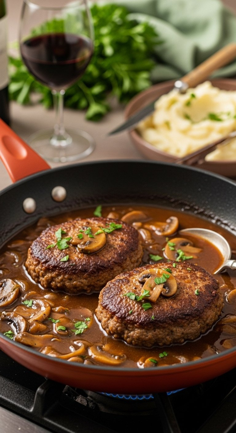 Salisbury Steak Patties Simmering In Rich Brown Mushroom Gravy With Mashed Potatoes Nearby.