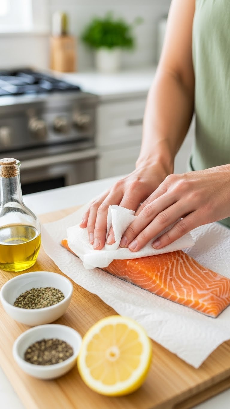 Salmon Fillet Being Patted Dry On Cutting Board With Seasoning Blend And Lemon Wedge