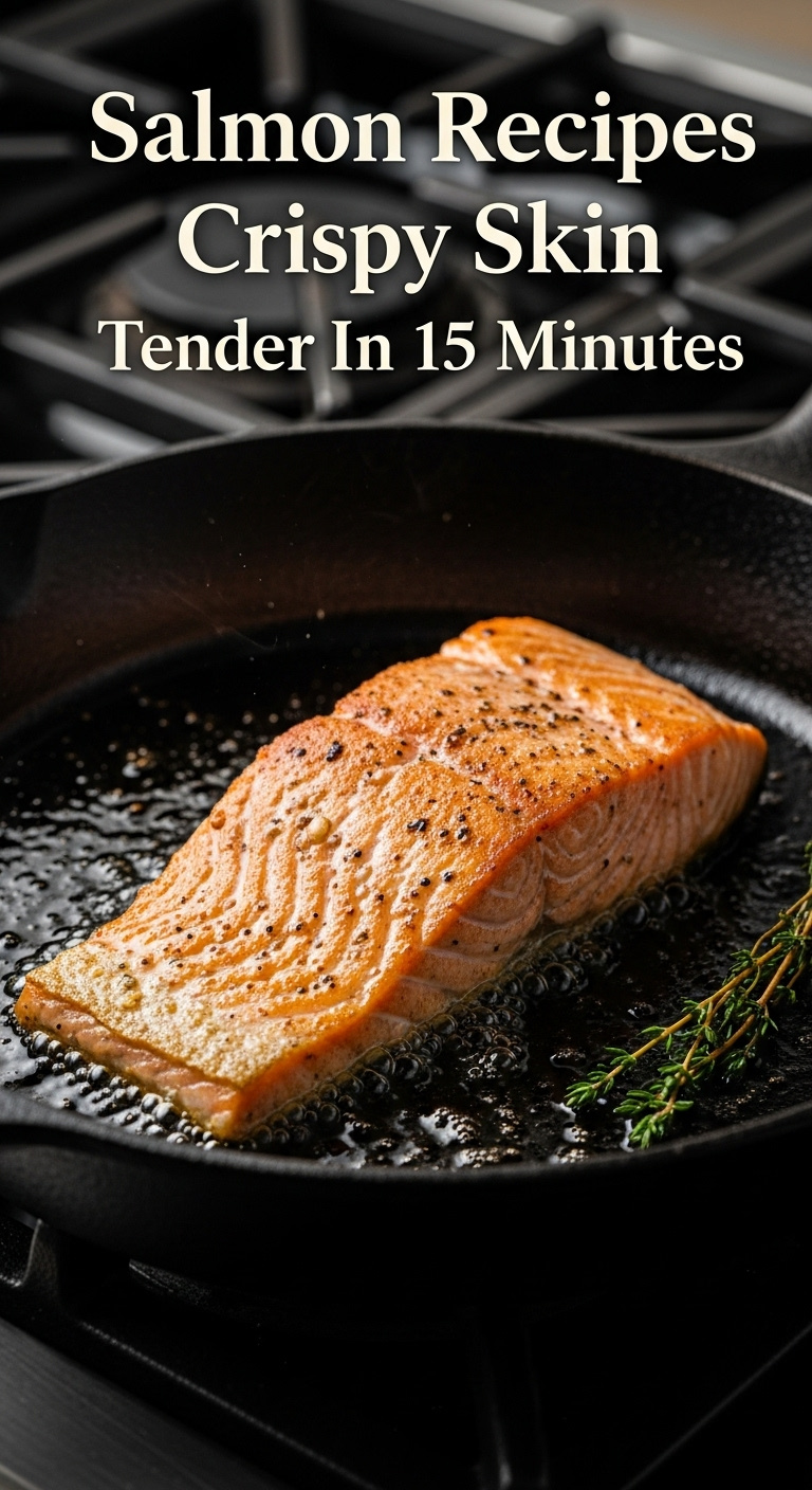 Salmon Fillet Searing Skin-Side Down In A Black Cast-Iron Skillet With Bubbling Oil And Fresh Thyme