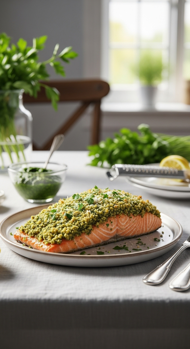 Salmon Fillet With Vibrant Green Herb And Panko Crust On A Rustic Plate With Pesto And Lemon Zester