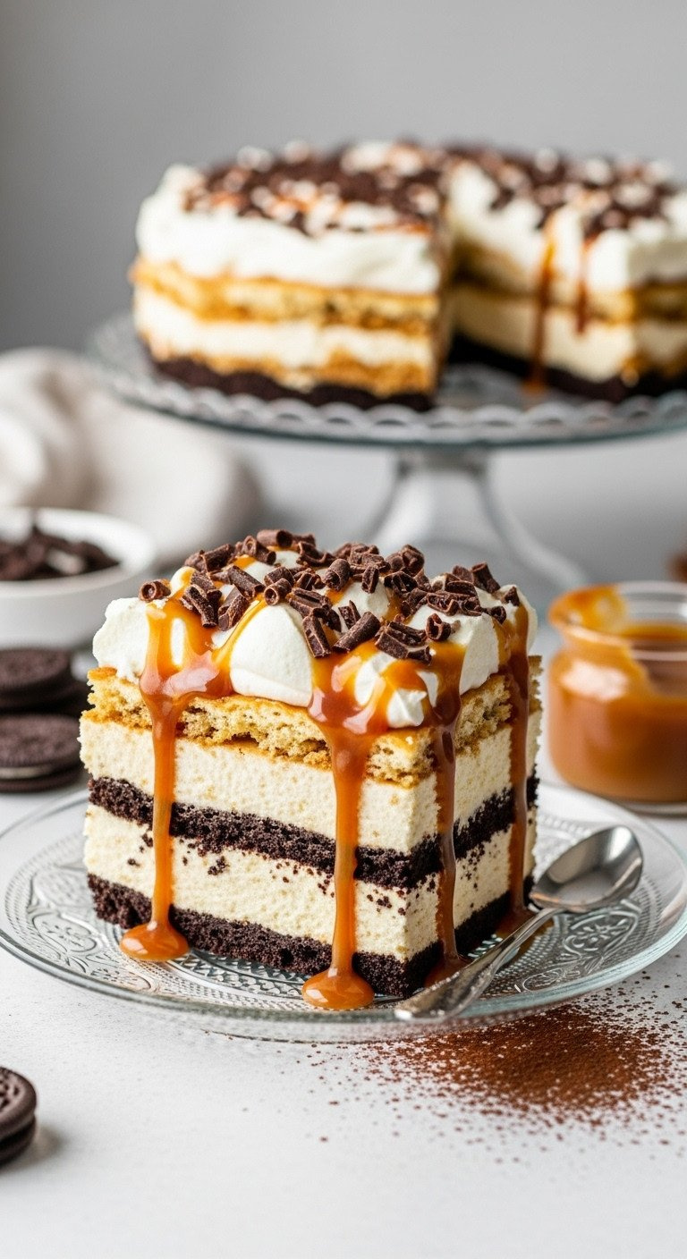 Salted Caramel Chocolate Lasagna Slice: Oreo Crust, Cream Cheese, Caramel, Whipped Topping, Chocolate Shavings. Delicious.
