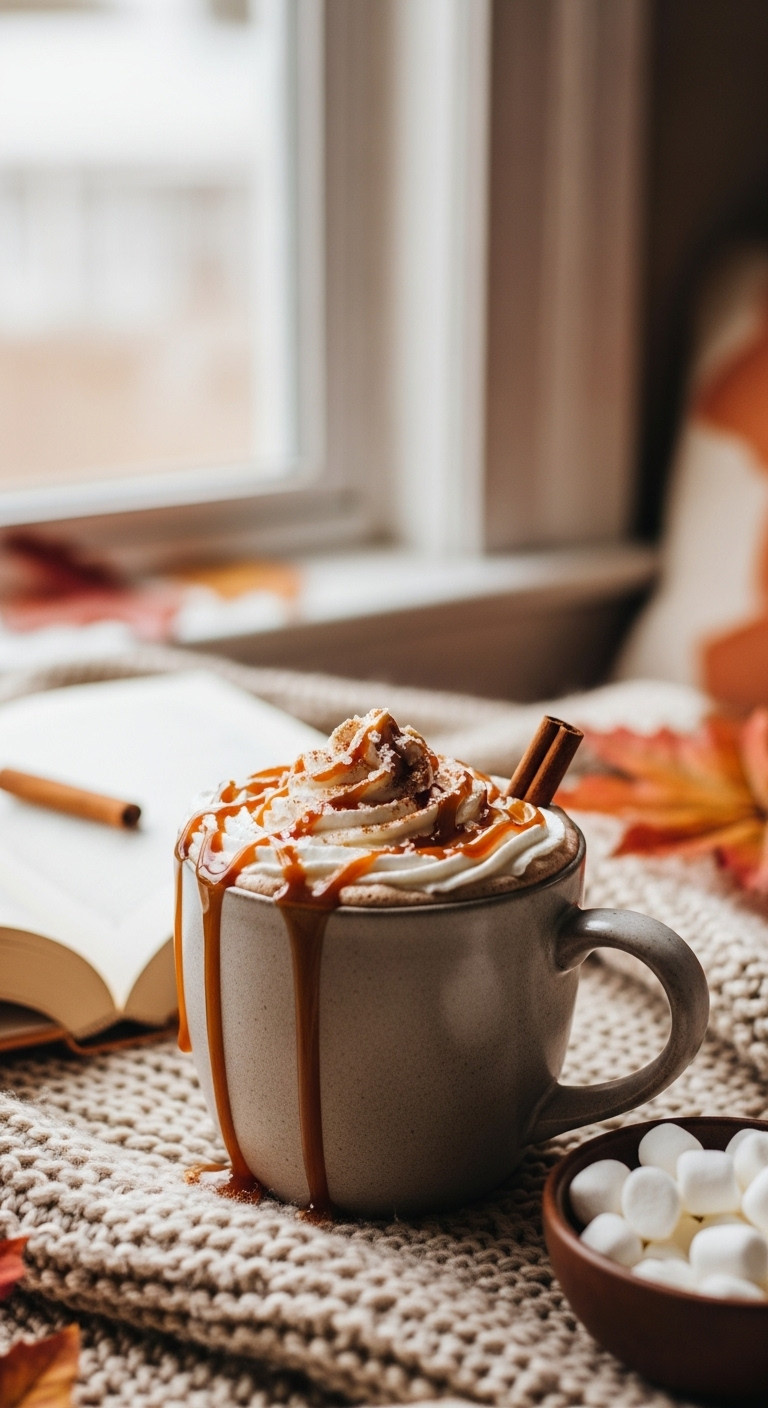 Salted Caramel Rum Hot Chocolate With Whipped Cream And Cinnamon Stick On A Knit Blanket By A Window