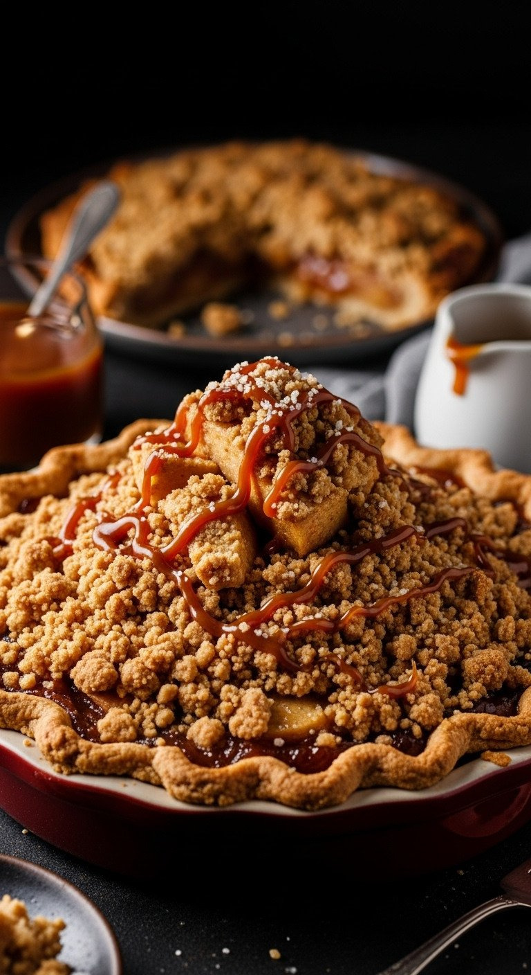 Salted Caramel Dutch Apple Pie: Tender Apple Filling, Golden Crumb Topping, Caramel Drizzle. Fall Dessert.