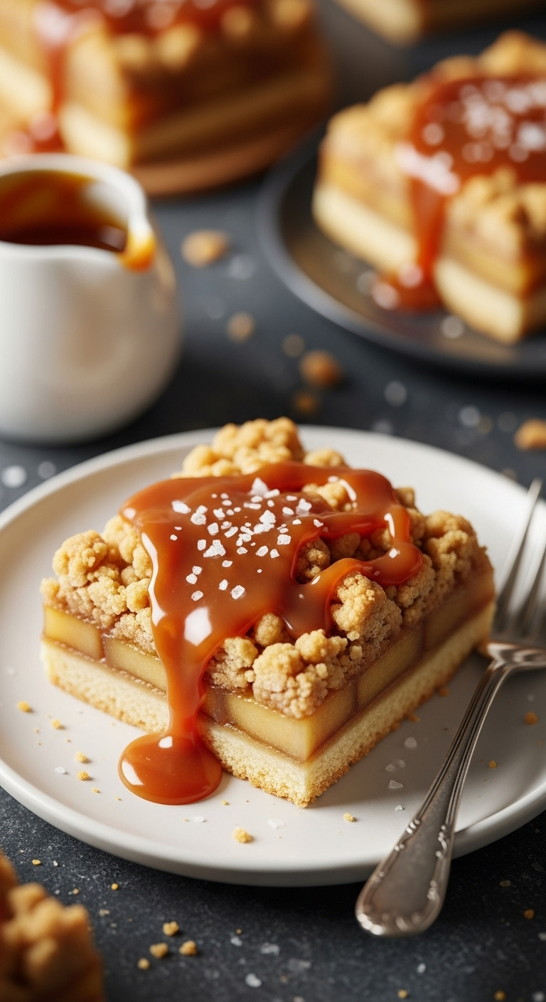 Salted Caramel Apple Pie Bar With Streusel Topping And Caramel Drizzle On A White Plate With Caramel Sauce And A Dessert Fork