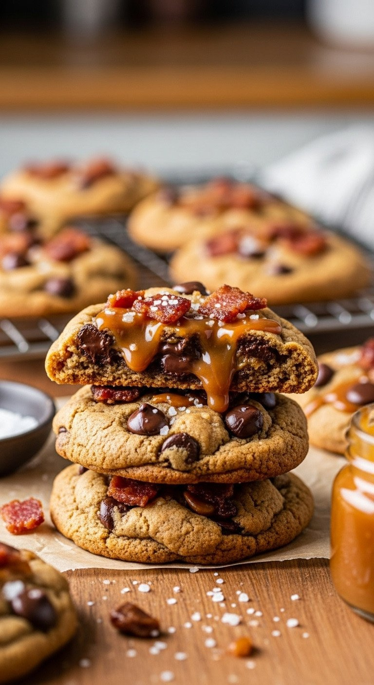 Salted Caramel Bacon Chocolate Chip Cookies With Melted Chocolate, Crispy Bacon, And Glossy Caramel Drizzle. Rustic, Gourmet Dessert.