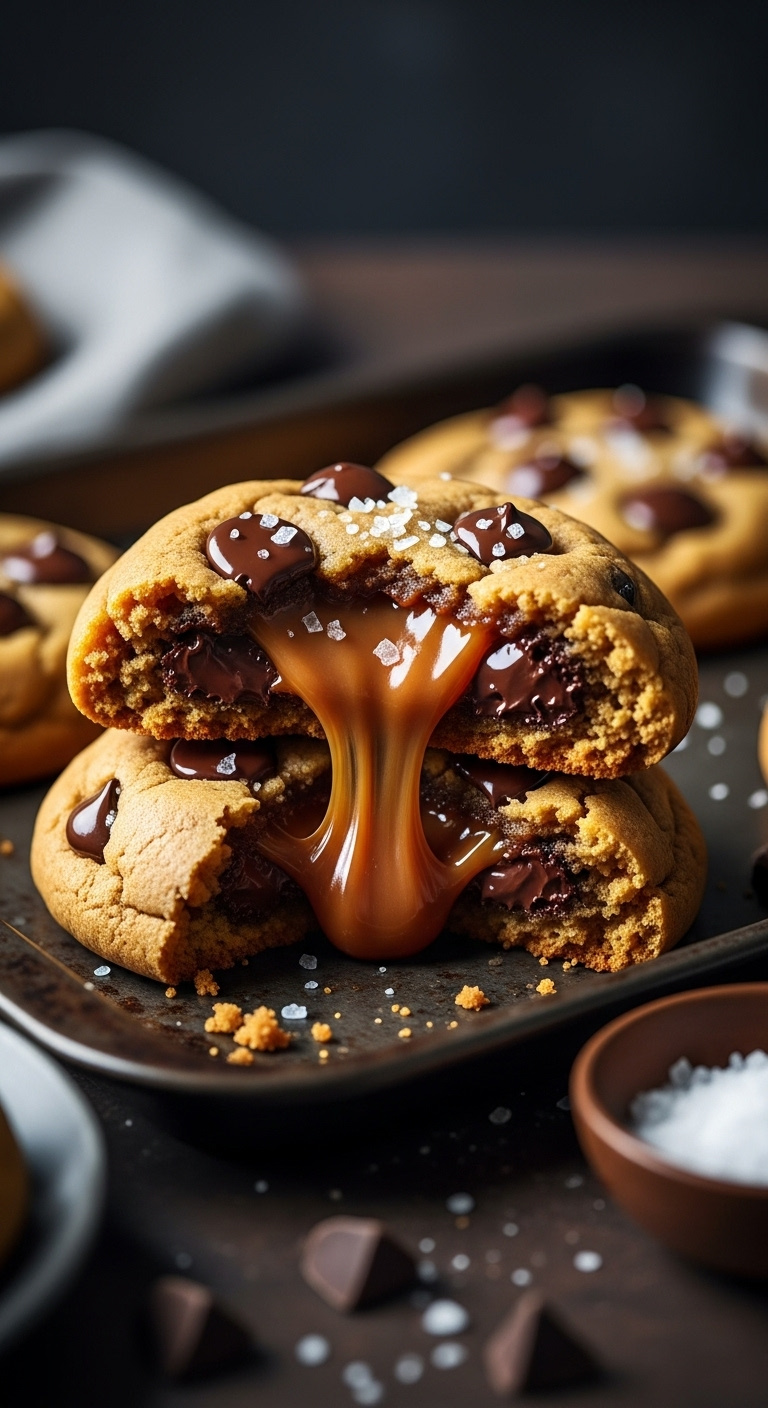 Salted Caramel Chocolate Chip Cookie Broken In Half With Gooey Caramel Pull On A Dark Metal Baking Sheet With Sea Salt And Chocolate Chunks