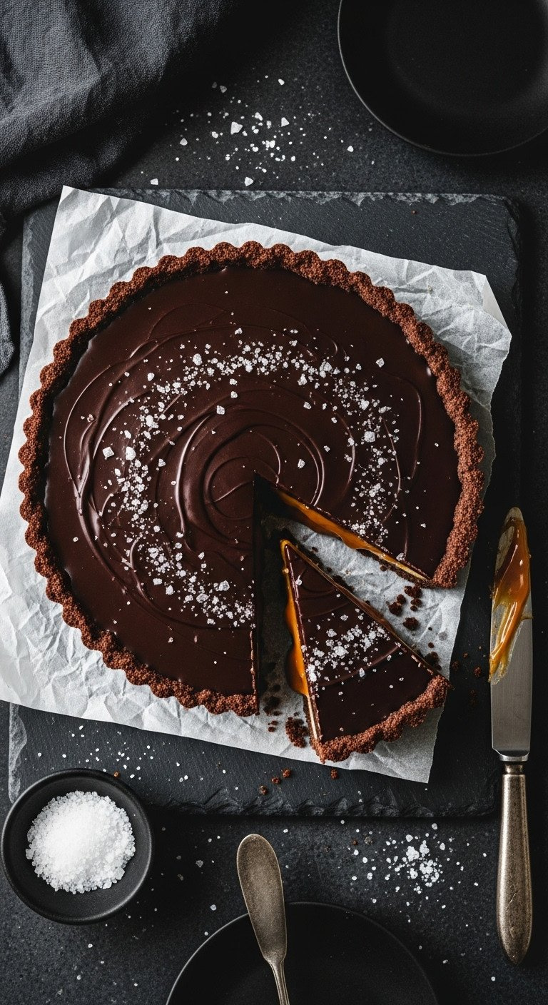 Salted Caramel Dark Chocolate Tart With Glossy Ganache, Sea Salt, Gooey Caramel, Chocolate Crust. Recipe, Elegant Dessert.