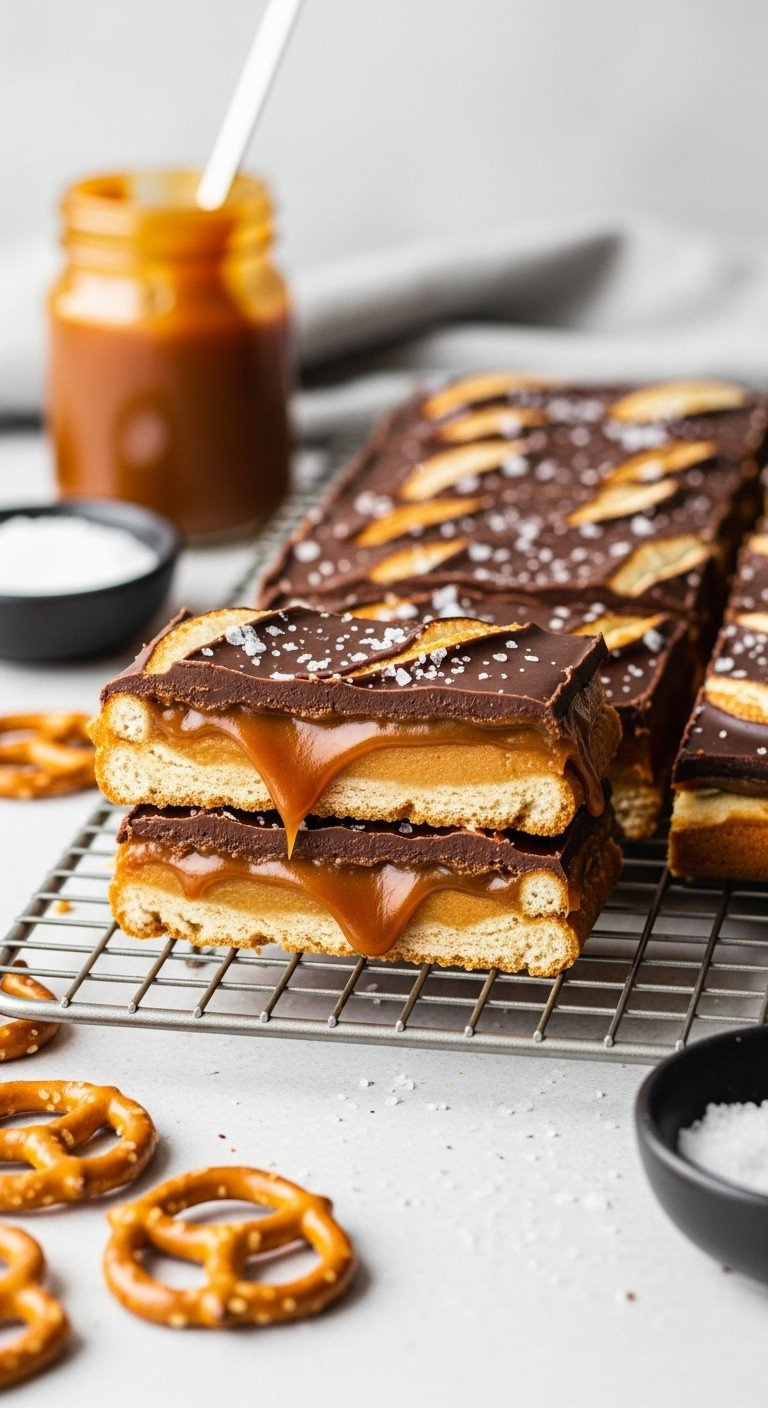 Salted Caramel Pretzel Bars On A Cooling Rack Showing Layers Of Crust, Gooey Caramel, And A Chocolate Salt Topping.