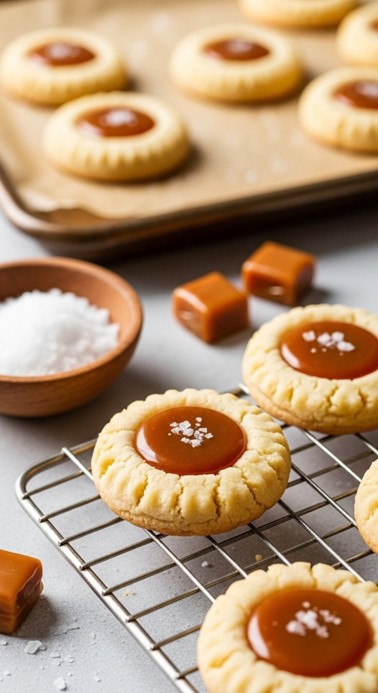 Salted Caramel Thumbprint Cookies With Gooey Caramel &Amp; Sea Salt On A Cooling Rack. Flaky Sea Salt &Amp; Caramels Nearby.
