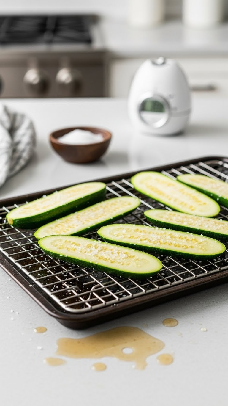Salted Zucchini Slices Resting On A Wire Rack Over A Baking Sheet With Visible Water Droplets Collecting Underneath