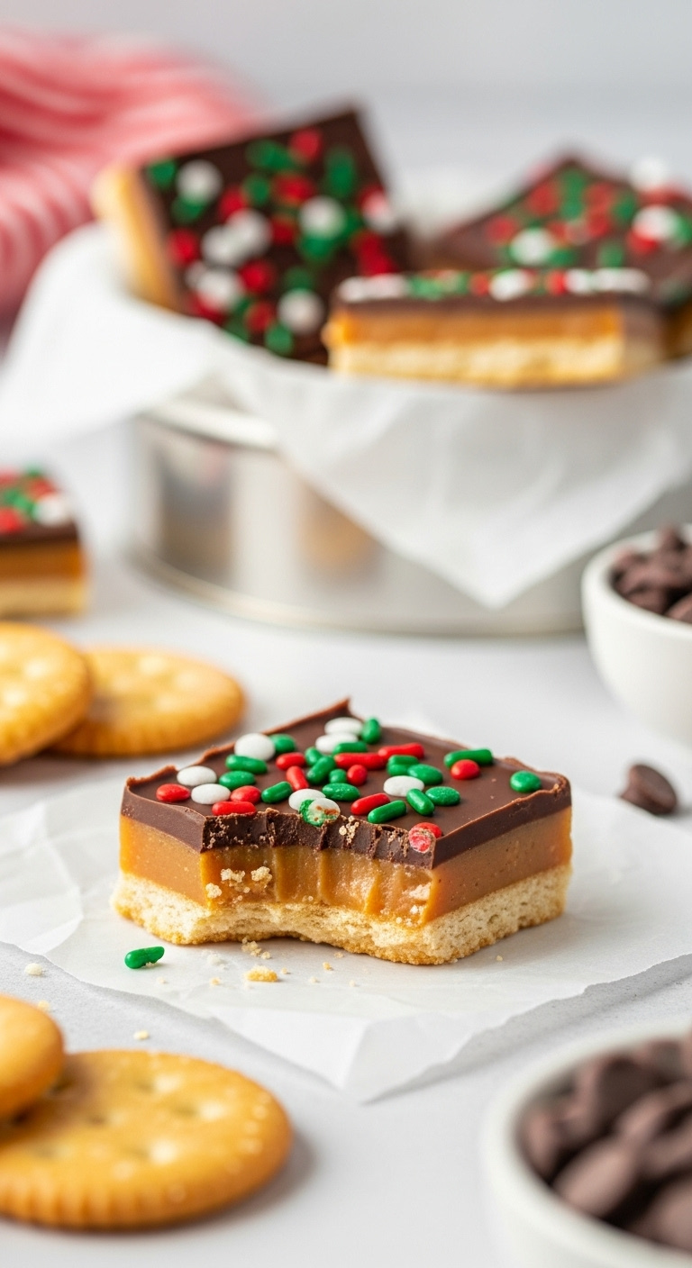 Saltine Toffee Christmas Crack With Chocolate And Festive Sprinkles On Parchment Paper