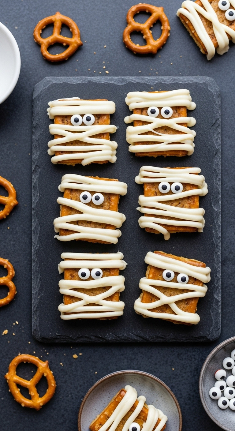 Salty Sweet Mummy Pretzel Bites Flat Lay
